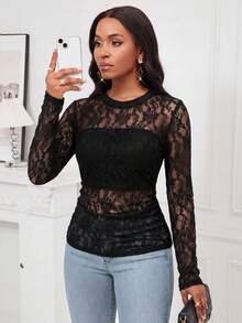 SHEIN Lady Áo thun dài tay ôm sát, xuyên thấu, gợi cảm dành cho nữ, chất liệu ren. - màu đen - Xem 5
