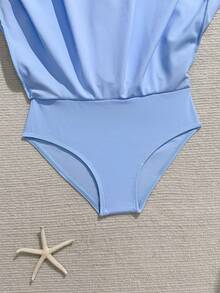 Young Girls Round Neck Raglan Sleeve Half-Zip One-Piece Swimsuit - Blue - View 5