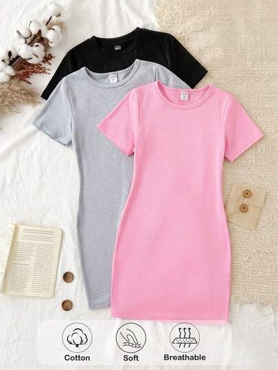Tween Girls' Versatile Solid Color Round Neck Short Sleeve Dress