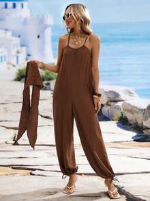 SHEIN Holidaya Women's Solid Color Casual Tropical Everyday Beach Vacation Jumpsuit Brown Summer - Brown - View 7
