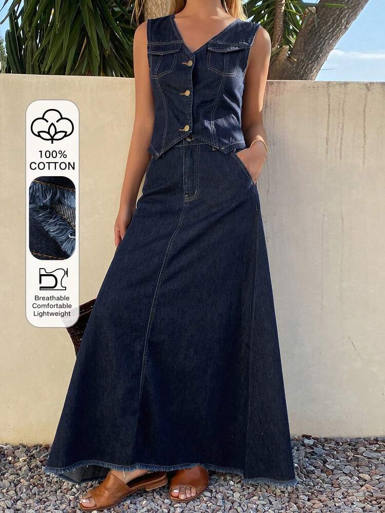 Women's Casual Washed Pocket Denim Vest & Skirt 2-Piece Set, Spring/Summer
