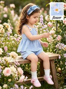 SHEIN Elladie kids 女童（小号）春夏新款休闲简约蓝白条纹背心套装。正面饰有可爱的3D白色花朵。蓝白竖条纹无袖背心搭配蓝白条纹休闲短裤，两件套。面料柔软舒适，适合春夏穿着。韩版可爱、休闲、舒适，简约优雅，适合日常穿着、上学、外出、度假、聚会、节日等场合。 - 藍色 - 查看 8