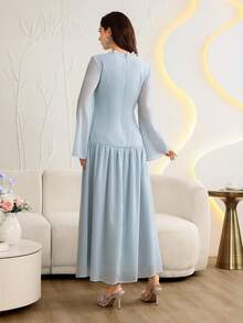 Modelyn Elegant V-Neck Lace Patchwork Embroidered Fabric Long Sleeve Dress - Aqua Blue - View 3