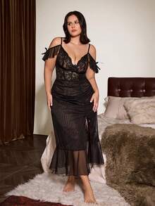 Slumberist Plus Size Sheer Mesh Layered Lace Bow Ruched Slit Sexy Nightgown - Black - View 6