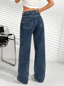 SHEIN Mid-Waist Straight Leg Medium Blue Washed Casual Denim Jeans With Embroidered Details And Front Button Design - Medium Wash - View 3