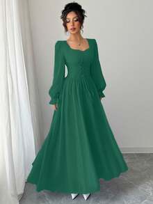 Modelyn Vestido de unicolor con cuello de ojo de cerradura, mangas con volantes y cintura con lazo, elegante para mujer, primavera/otoño - Verde - Ver 3