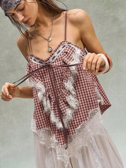 Bohemela Women's Summer Casual Versatile Pink-Brown Plaid Woven Camisole With Lace Trim For Vacation