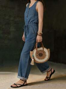 Bộ jumpsuit denim nữ kiểu dáng thường ngày, có dây rút ở eo, thích hợp cho kỳ nghỉ và đi làm. - Rửa tối - Xem 3