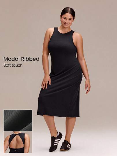 GLOWMODE Plus Size Modal Ribbed Sunset Hour Soft Stretchy Breathable Open Back Maxi Dress With Removable Cups Summer Dress Daily Casual Traditional Black