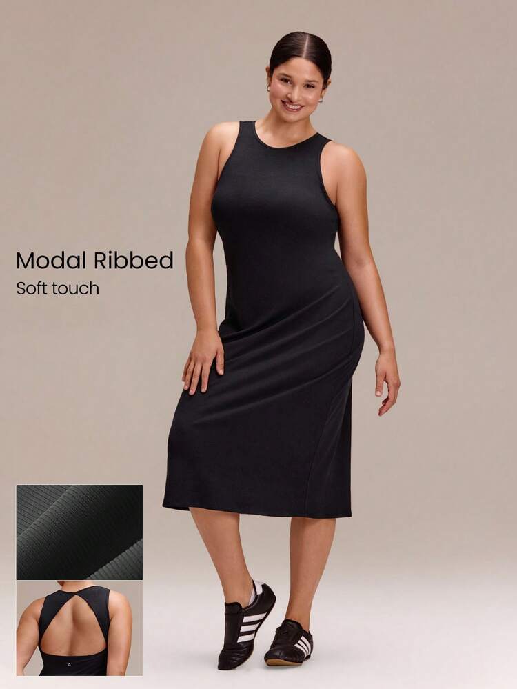 Plus Size Modal Ribbed Sunset Hour Soft Stretchy Breathable Open Back Maxi Dress With Removable Cups Summer Dress Daily Casual Wear