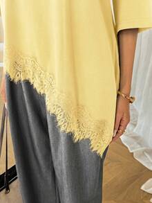 SHEIN Tall CURVE Plus Size Solid Color Minimalist Short Sleeve T-Shirt - Pale Yellow - View 7