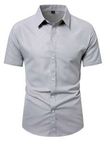 Manfinity Mode Kemeja Formal Lengan Pendek Motif Berlian Kasual Pria, Musim Panas, Upacara - Grey - View 3