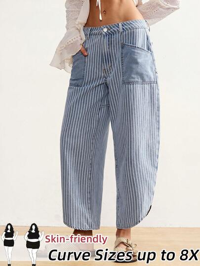 SHEIN CURVE+ Quần jeans ống rộng kẻ sọc có túi, dáng thường ngày, cỡ lớn, phong cách thường ngày.