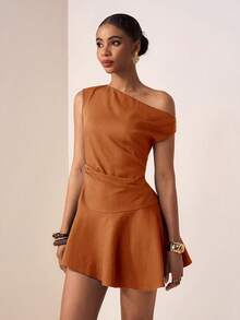 Zivah Vestido de lino color marrón óxido elegante para fiesta de verano con dobladillo asimétrico y corte en A, nuevo para primavera/verano, para invitada de boda, graduación, cumpleaños, festival de música y vacaciones - Color caoba - Ver 3