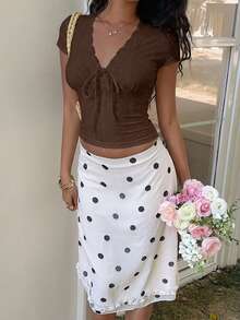 Muchica Coffee Brown Knit Bodycon T-Shirt For Women Vacation Summer Cute - Chocolate Brown - View 6