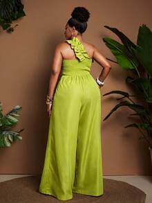 Maweii Mono de pierna ancha con volantes y escote bandeau en color negro, talla grande y estilo retro sexy - Verde - Ver 7