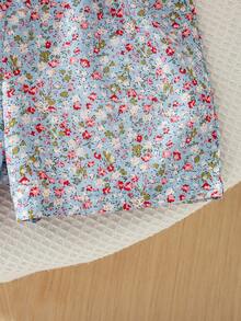 SHEIN Vintaside Kids 2025夏季新款女童碎花荷葉袖V領收腰露背A字洋裝，鄉村風時尚少女裙 - 藍色 - 查看 7