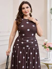 SHEIN Clasi Robe élégante à pois pour femmes grandes tailles, robe d'été fluide en maille extensible - Tabac - Voir 4