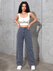SHEIN ICON Quần jeans ống đứng in họa tiết chấm bi phong cách thường ngày dành cho nữ - Rửa nhẹ - Xem 4