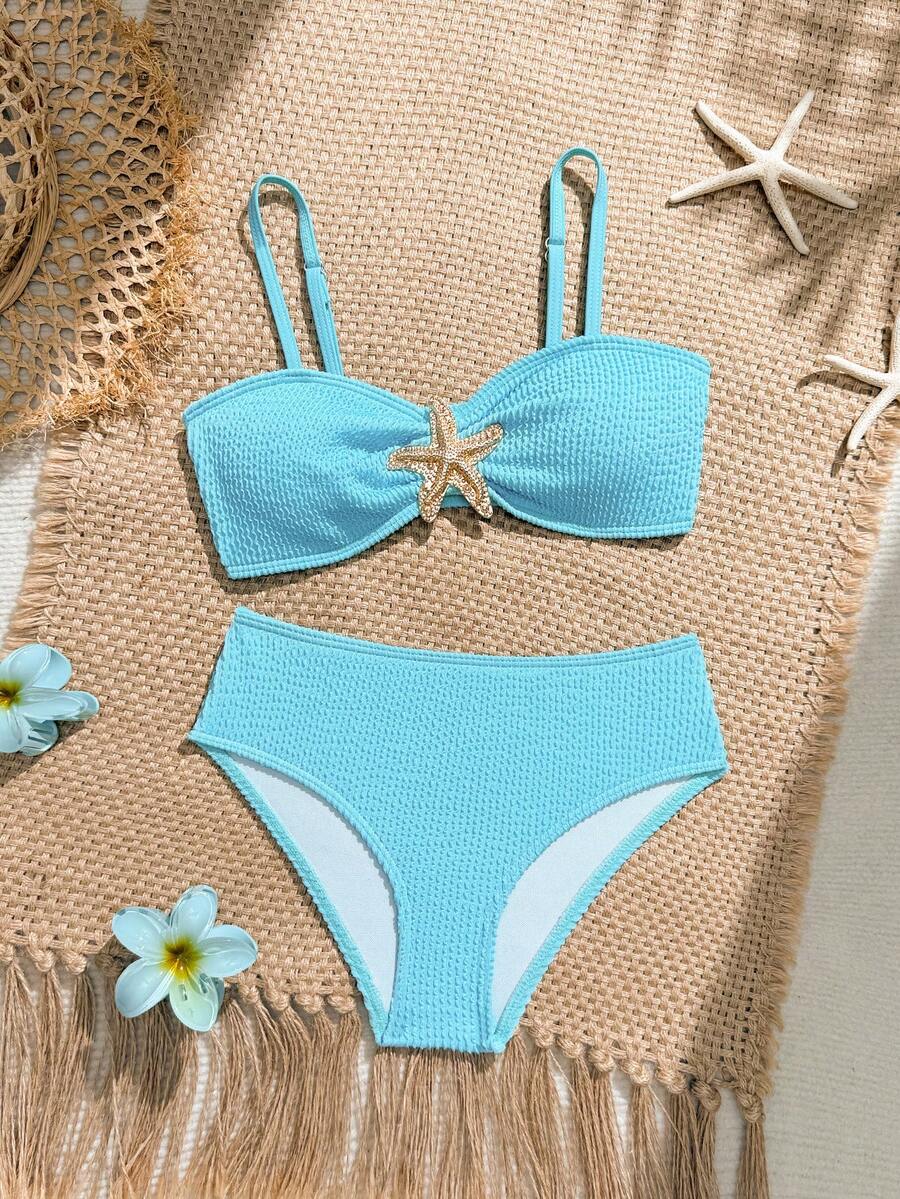 SHEIN Teen Girl Fashionable Minimalist Metal Starfish Decor Bikini Set - Blue - View 1