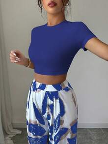 Conjunto de Top corto con estampado floral y pantalones largos con estampado de plantas para mujeres, ideal para primavera/verano - azul real - Ver 6