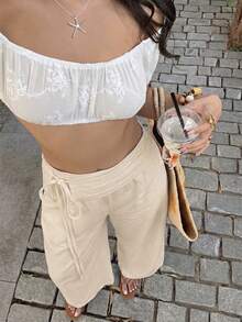 Pantalones Casuales de Color Sólido con Cintura Ajustable - Caqui - Ver 5