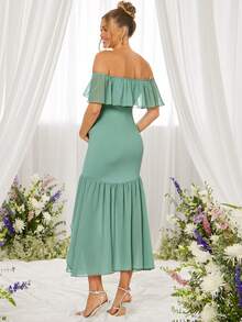 Loomaby Vestido de fiesta para embarazadas con hombros descubiertos y volantes en el bajo - Verde Oliva - Ver 9