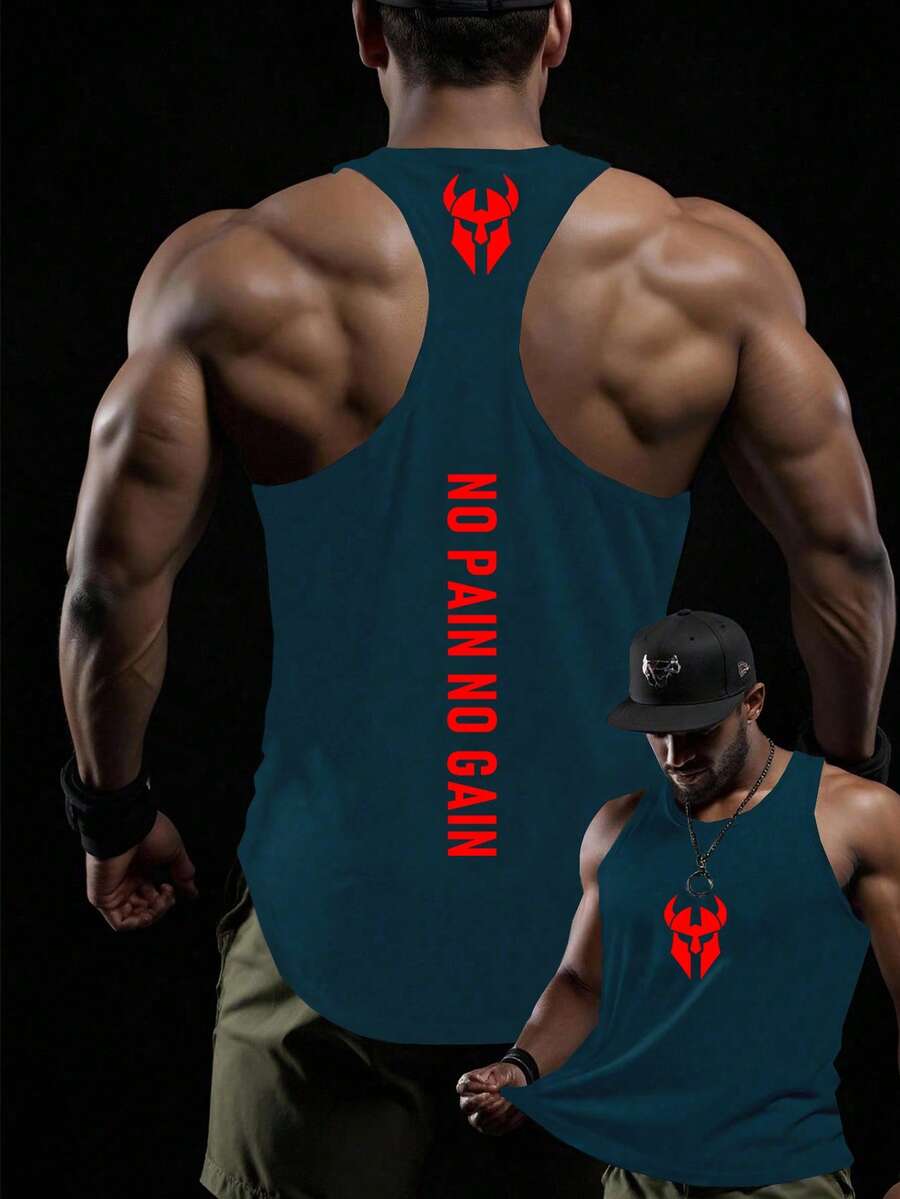 GymBeat Tank Top Tanpa Lengan Pria dengan Motif Huruf, Modis, Cocok untuk Olahraga atau Liburan. - Biru - View 1