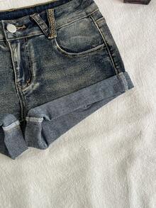 Attitoon Shorts vaqueros casuales de verano para mujer con cinturilla y presillas - Azul lavado oscuro - Ver 5