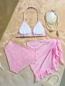 SHEIN 1件套少女花卉3D弹力舒适针织特殊面料泳装套装，适合海滩、泳池、海边、度假、夏季、旅行 - 粉色 - 查看 2