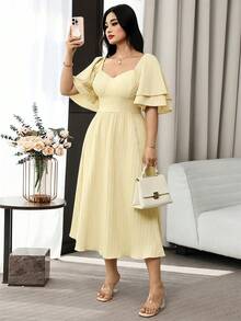 Feyla Plus Size Solid Color Sweetheart Collar Ruffle Hem Summer Dress - Pale Yellow - View 6
