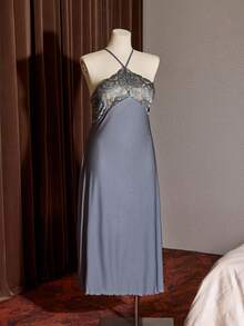 Slumberist Camisón maxi de mujer talla grande con escote halter, encaje y parches brillantes, espalda cruzada abierta y abertura alta - Neblina azul - Ver 6