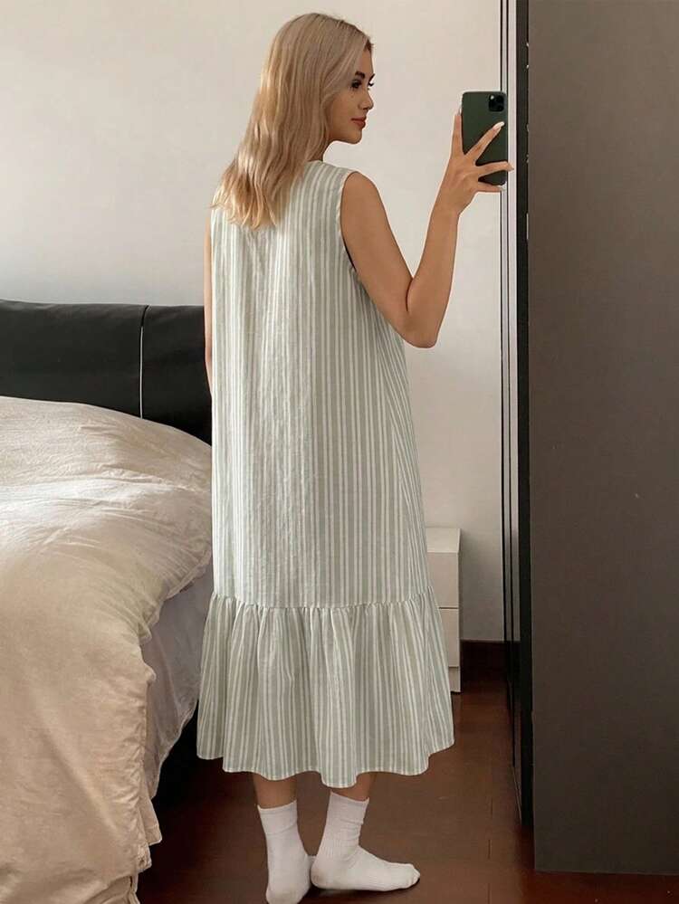 Women's Striped Button Design Sleeveless Casual Loungewear Dress