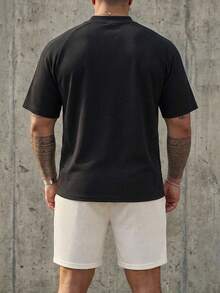 DAZY Plus Size Men's Short Sleeve Letter Embroidered Half-Zip Black T-Shirt Summer - Black - View 2