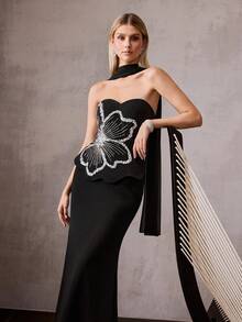 MOTF Soiréza ELEGANT BLACK STRAPLESS MERMAID EVENING DRESS WITH BEADED FLOWER DECOR & SCARF SPRING SUMMER OUTFITS FOR WEDDING GUEST, EVENING PARTY, FORMAL - Black - View 2