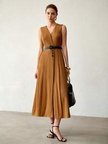 MOTF PREMIUM WOMEN'S LINEN-LIKE SOLID COLOR CONTRAST RIB KNIT SLEEVELESS CINCHED WAIST MIDI DRESS OFFICE SHADES OF BROWN SUMMER ELEGANT - Brown - View 5