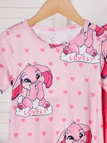 两件套女童睡衣，可爱卡通兔子图案，包括浅粉色满印兔子爱心“LOVELY”字样和深粉色满印蓝粉兔子爱心图案，轻薄柔软，简约设计，适合夏季穿着，弹性好，可机洗，穿着舒适（两件分开出售） - 粉色 - 查看 4