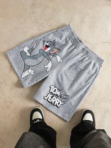TOM & JERRY X SHEIN Quần short nam thường ngày in chữ hoạt hình ngộ nghĩnh, cạp chun, thích hợp mặc đi làm, mùa hè. - Màu Xám nhạt - Xem 3