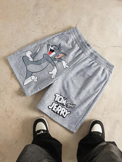 TOM & JERRY X SHEIN Men's Casual Everyday Commute Funny Cartoon Letter Print Elastic Waist Shorts, Summer