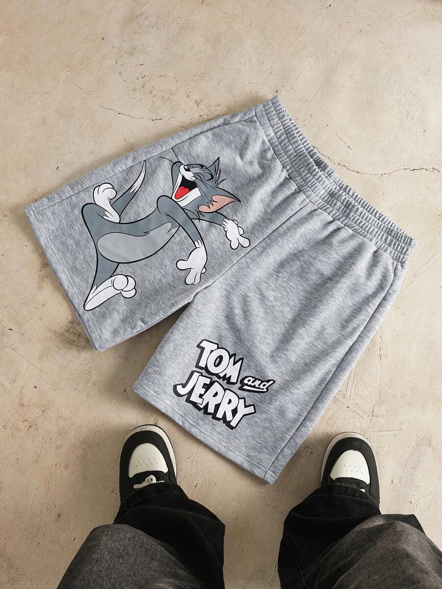 TOM & JERRY X SHEIN 男士休闲日常通勤趣味卡通字母印花弹力腰短裤,夏季 - 淺灰色 - 查看 1