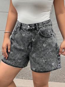 SHEIN Women Washed Detail High-Rise Plus Size Elastic Waist, Denim Shorts - Grey - View 1