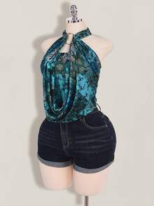 SHEIN ICON 大码 Y2k 春季外出田园风海滩波西米亚风度假性感女士简约时尚露背撞色佩斯利印花夏季女士花卉印花褶皱时尚露背吊带背心西部风女装，锐舞上衣 - 綠色 - 查看 8