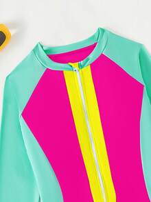 Teen Girls' Color Block Zip Front One-Piece Swimsuit - Multicolor - View 3