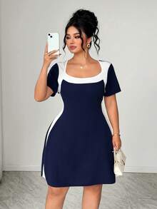 Elenzga Plus Size Color Block Square Neck Slimming Waist Short Sleeve Commuter Chic Short Dress - Navy Blue - View 5