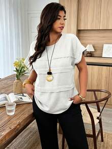 Weeklong Plus Size Women's Casual Pleated Round Neck Loose Dolman Sleeve Blouse, Suitable For Daily Wear And Vacation - White - View 3