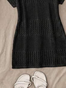 SHEIN Leap Crew Vestido cubrecuerpo para niñas adolescentes con dobladillo hendido y calado para usar en la playa, sin incluir bikini - Negro - Ver 3