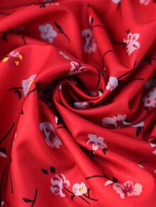 SHEIN Holidaya Đầm ngắn ôm dáng, bèo nhún, thắt nơ phía trước, họa tiết hoa dành cho nữ, thích hợp mặc hàng ngày vào mùa xuân và hè. - Đỏ - Xem 3