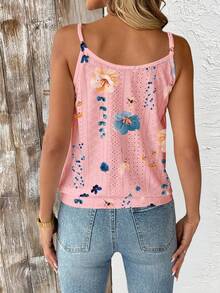 SHEIN Holidaya Camiseta de mujer con estampado floral, textura y diseño calado - Rosa - Ver 2