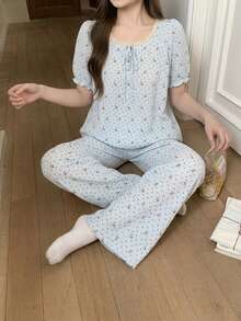 Bộ đồ ngủ nữ mùa hè dễ thương in hình thỏ chấm bi, tay áo cánh hoa, dáng rộng. - Màu xanh nhạt - Xem 6