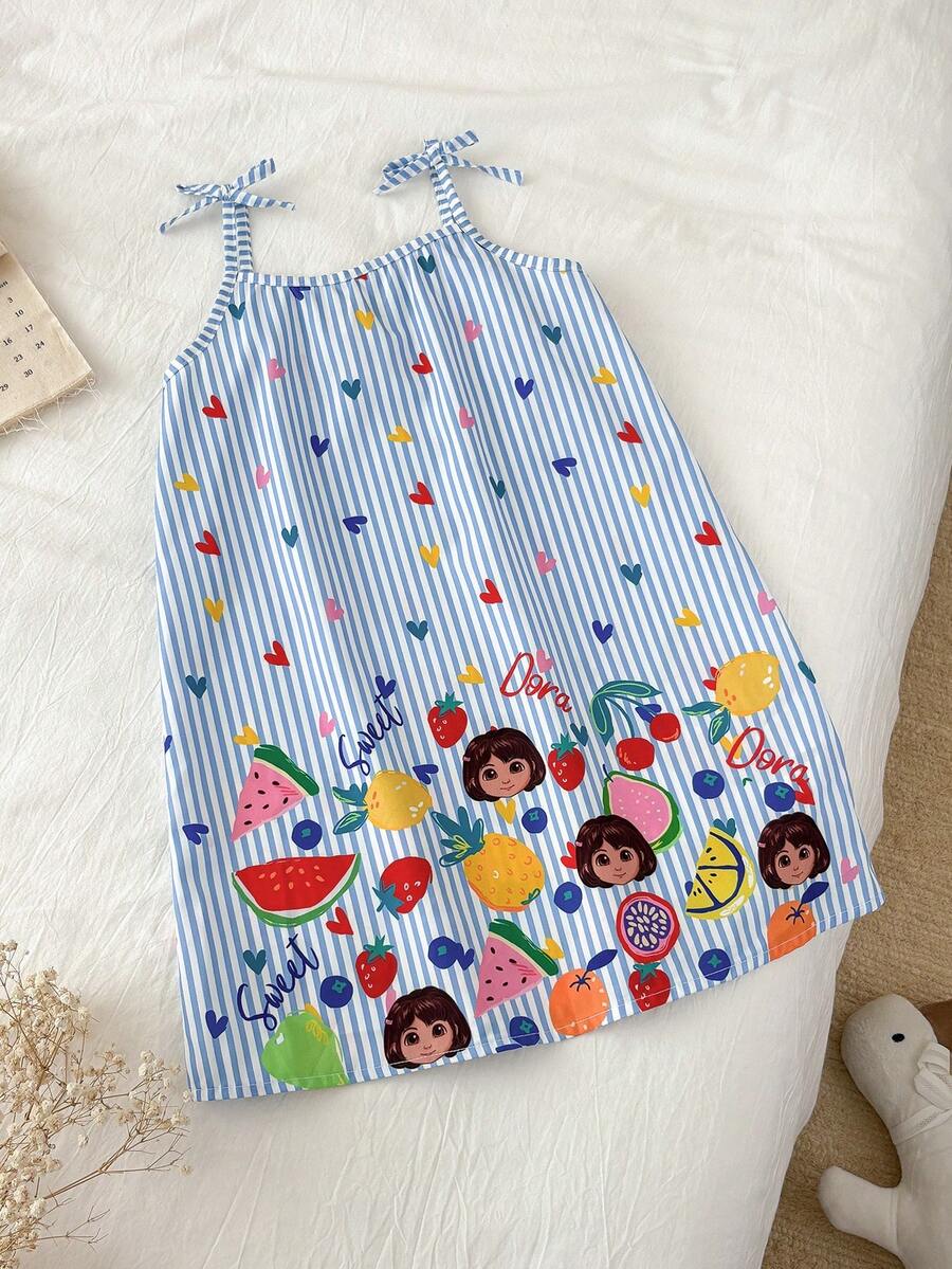 DORA | SHEIN Đầm hè hai dây kẻ sọc không tay in họa tiết dễ thương cho bé gái, DORA X - Nhiều màu - Xem 1